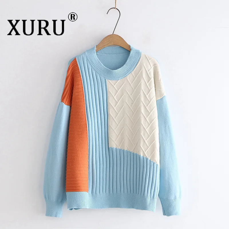 

XURU 2019 Autumn and Winter New Fashion Color Matching Sweater Round Neck Knit Pullover Loose Sweater Female