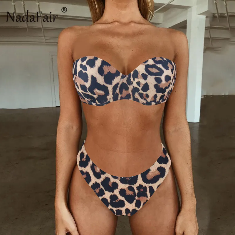 

Nadafair Animal Print Sexy Bandeau Bikini Top Bra Brazilian Bathing Suit Women Lace Up High Waist Bikini Swimming Suit For Women