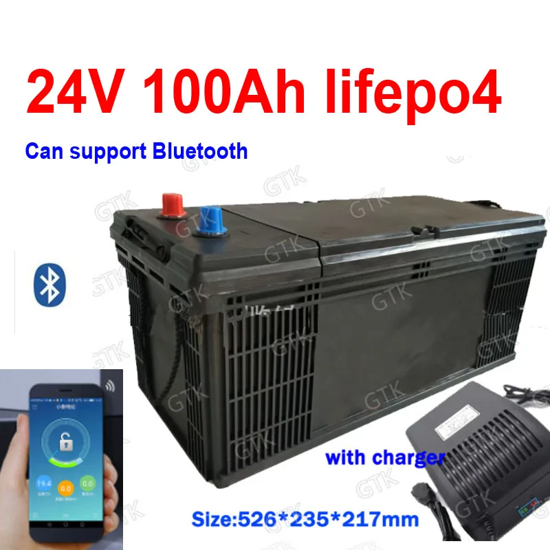 ГТК 24V 100AH lifepo4 Батарея с bluetooth BMS для 2400W автодома Солнечная энергия RV EV AGV Инвертор +