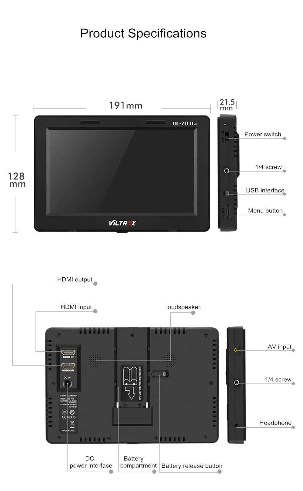 7 ''DC-70 II пристегивающийся HD lcd HDMI AV вход камера видео монитор дисплей и батарея и зарядное устройство для Canon Nikon DSLR BMPCC