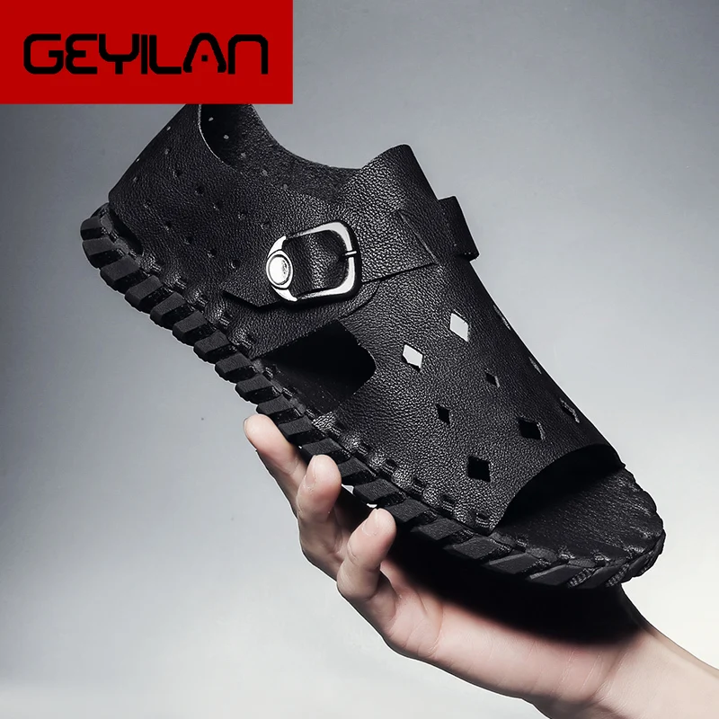 

Fashion Men's Sandals Casual Genuine Leather Summer Sandals Male Breathable Flat Beach Sandals Man Outside Shoes Sandalia
