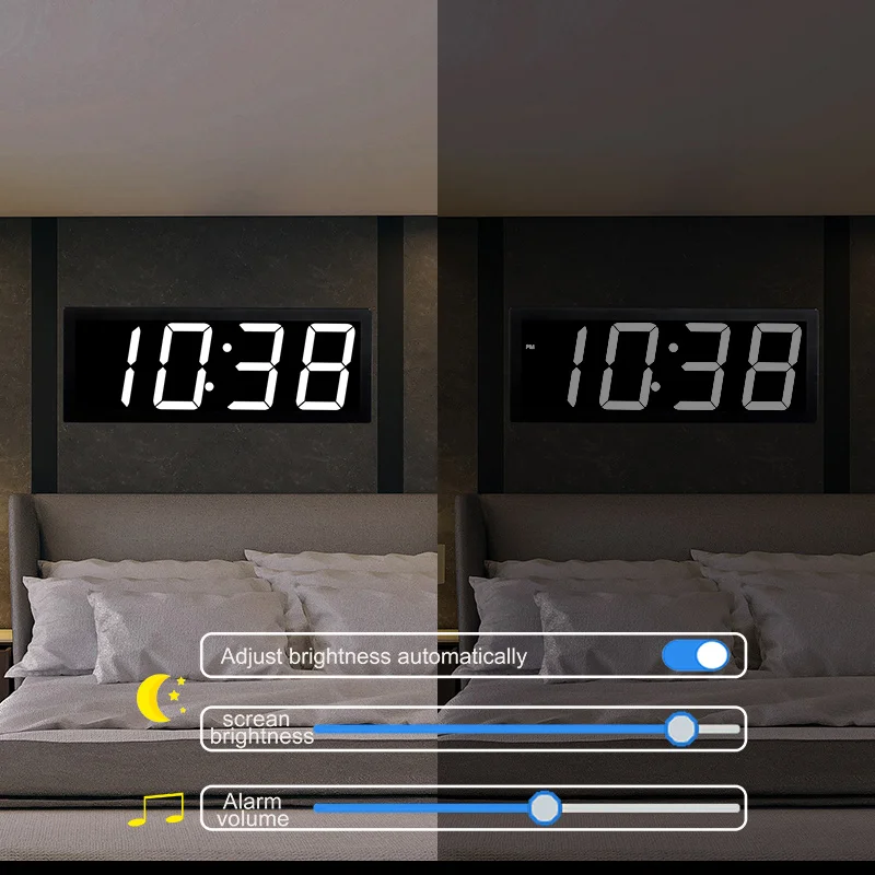 Digital Wall Clock APP Control Alarm Clock Time Date/ Temperature Sound Activate Countdown Stepless Brightness Alarm with Snooze 5