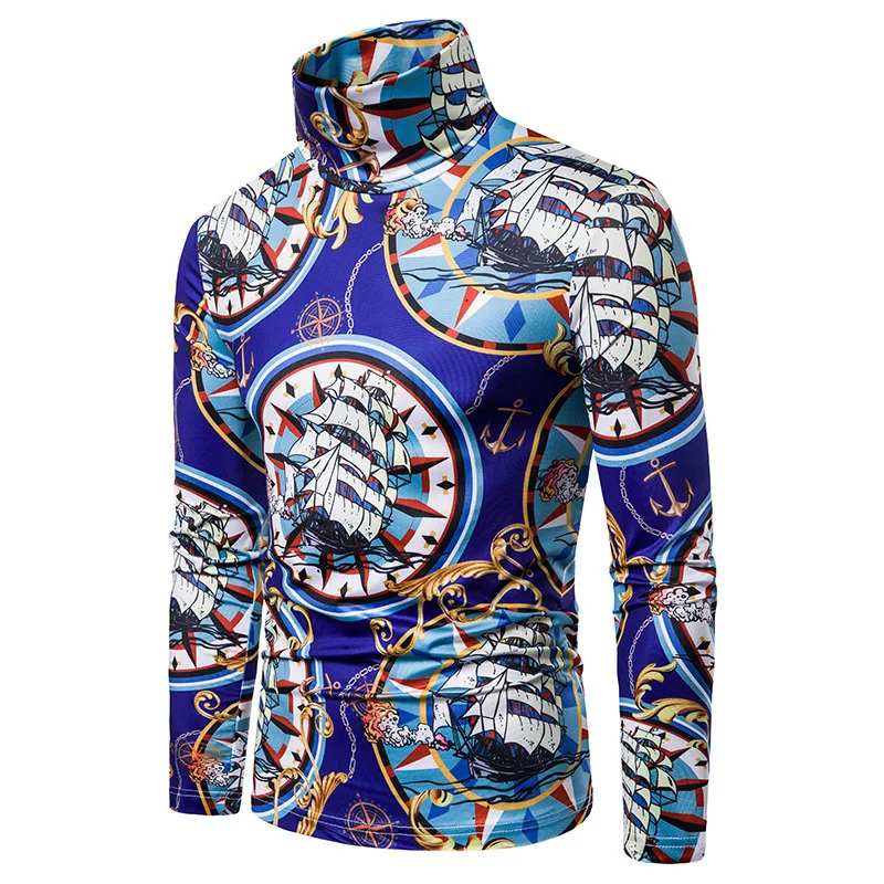 

Men Long Sleeve Cotton T Shirt Men Elasticity Printed Crew Neck Play