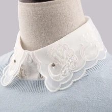 Women Sweater Lapel Fake False Collar White Embroidered Lace Half Shirt Tie Detachable Collars Button Blouse Tops Decor