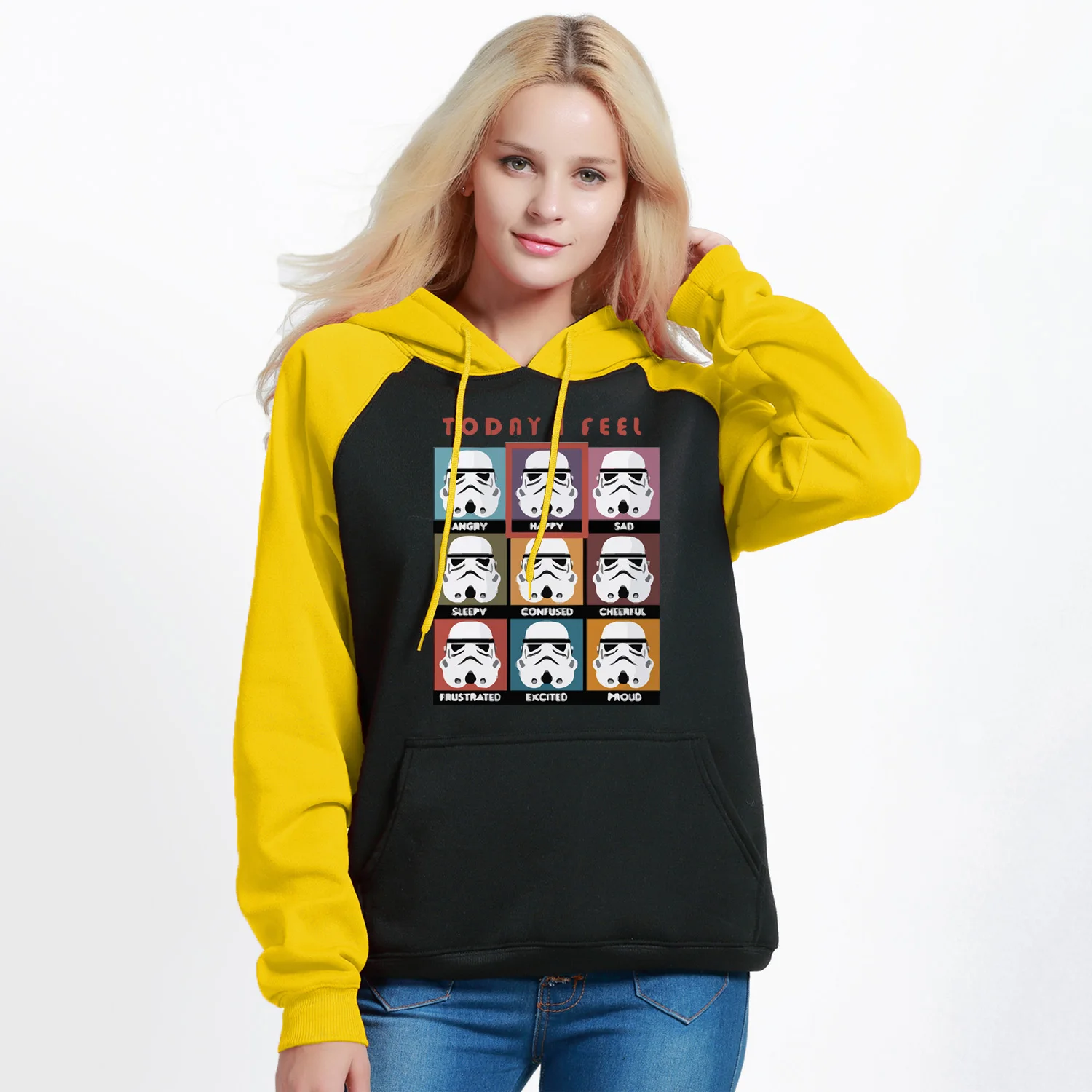 Реглан толстовки Женская флисовая зимняя верхняя одежда Stormtrooper Emotion Забавный принт Женский пуловер Звездные войны хипстер Толстовка - Цвет: yellow black 6