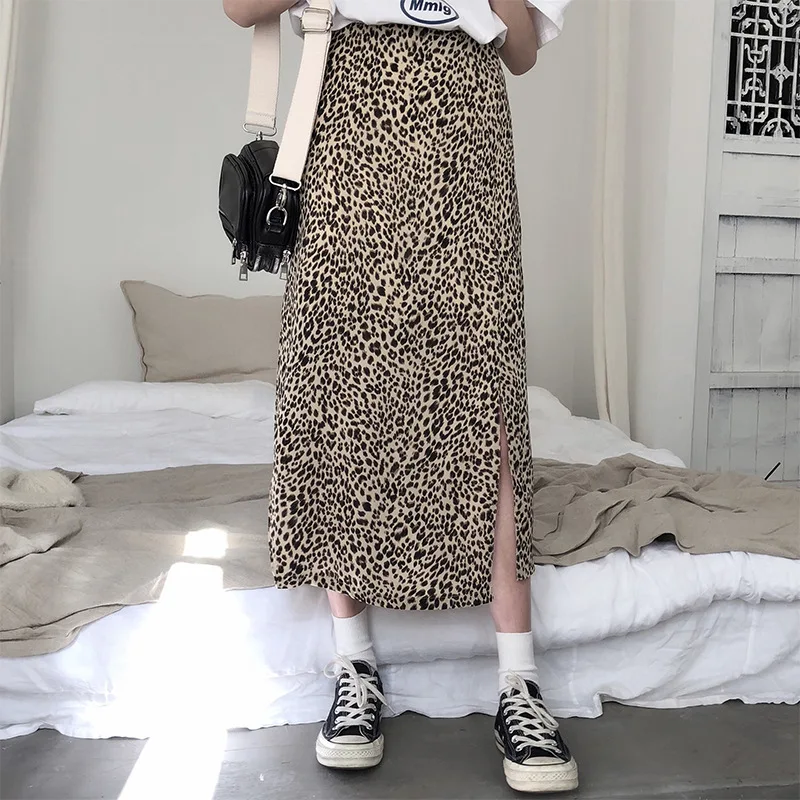 

Korean-style CHIC Spring Clothing New Style 2019 Versatile Slim Fit Slimming Have Lining Leopord Pattern A- line Slit Medium-len