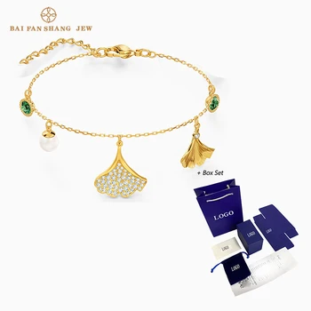 

SWA New STUNNING GINKO Bracelet Ginkgo Leaf Decoration Green Crystal Pearl Women Fashion Jewelry Bracelet Gift