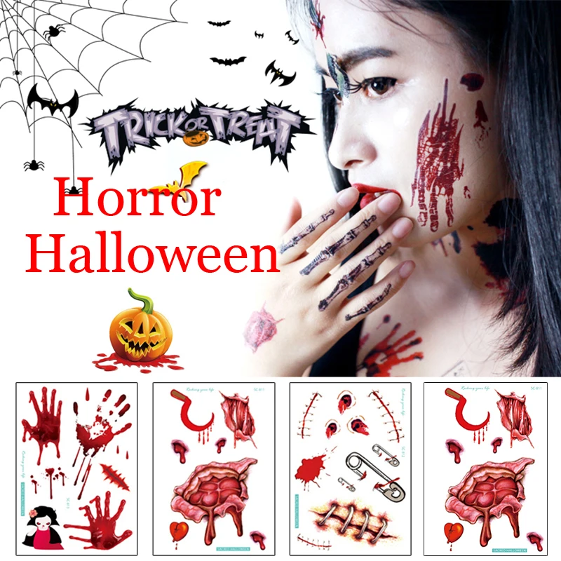 

21 Styles Waterproof Arm Temporary Tattoo Sticker Halloween Party Props Horror Wound Blood Scar Dress up Body Tattoo