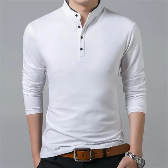 Мужская футболка из чистого хлопка, футболка с длинным рукавом, Мужская простая футболка, топ, футболка со средним воротником, длинная рубашка - Цвет: white