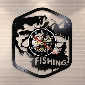 

Fisherman Home Decor Silent Quartz Wall Time Clock Fishing Vinyl Record Watch Fishing Retro Clock Fisherman Fishing Lovers Gift