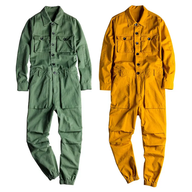 Denim Overalls For Men Autumn Loose Long Sleeve Cotton Cargo Pants Green Black Yellow Workwear Trousers Large Size 5XL