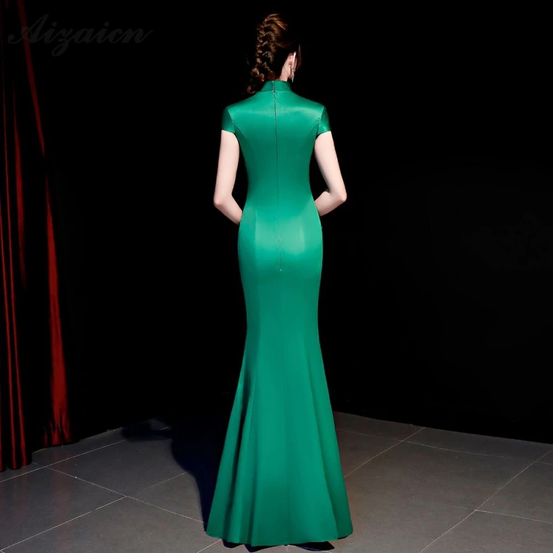 Зеленый Русалка Тонкий Cheongsam современный хост платья Qi Pao для женщин традиционное китайское вечернее китайское платье-Ципао Продвижение Женская Роба в восточном стиле