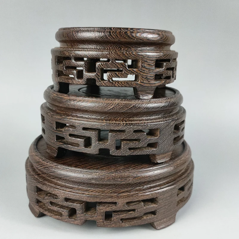 

( 3 Pieces ) Elaborate Chinese Classical Wooden Crafted Display Round Stand Holder for Statue Teapot Vase Etc..