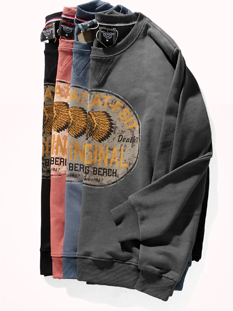 American Retro Terry Printed Hoodies Men's Pure Cotton Washed Old Round  Neck Pullover Knitted Long-sleeved Casual Sweatshirts
