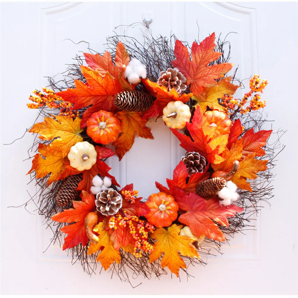 Door Hanging Farmhouse Fall Decoration Handcrafted Maple Leaf Rattan Mini Pumpkin Thanksgiving Wreath Restaurant Window Ornament