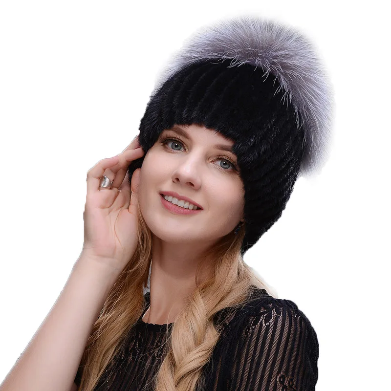 Зимняя шапка Neue Stil Echte Weibliche Nerz Hut Für Frauen Gestrickte Nerz Fuchs Pelz cappe Weiblichen Ohr Warme mutze Kappe Silbe