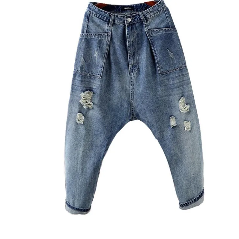 baggy denim feminino novo estilo bf cowboy harem calças femininas solto baixa gota virilha jeans rasgado streetwear