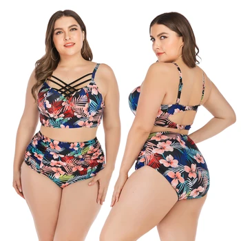 

Plus Size 4XL New Style Sexy High Waist Bikini Push Up Two-Piece Swimsuit High Quality Floral-Print Swimwear Women Body Suits