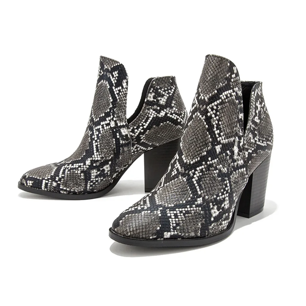Ковбойские ботинки в байкерском стиле; женские модные ковбойские ботинки из искусственной кожи на высоком каблуке со змеиным узором без застежки; ботильоны; botas