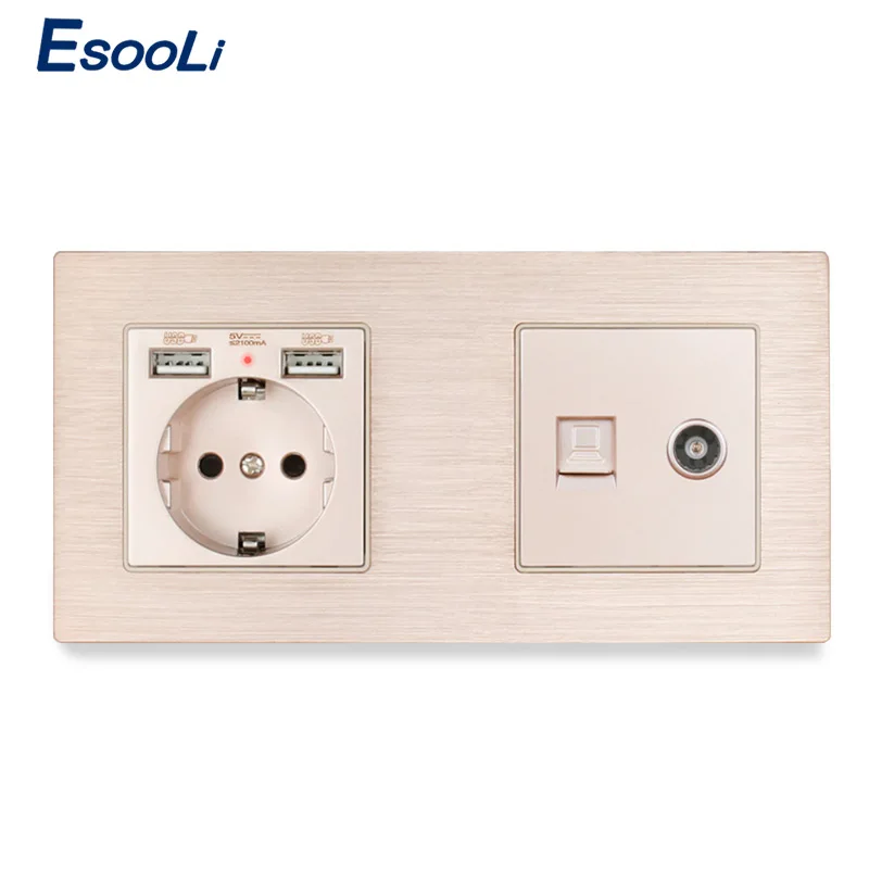 172 Gold Socket Esooli 1 банда Европейская алюминиевая металлическая панельная Розетка с USB+ RJ45 Интернет-разъем с ТВ-розеткой настенная компьютерная розетка рыцарь черный - Тип: 172 Gold Socket