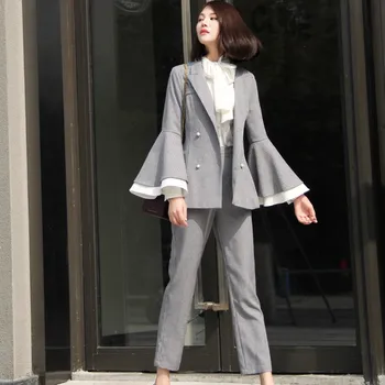 

2020 High Street Striped Ladies Plus Size Suit Spring Autumn Korean Flare Sleeve Blazer+Pencil Work Pant 2 Piece Set Women
