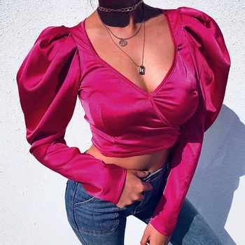 

Women New Elegant Temperament Retro V-collar Female Solid Color Puff Long Sleeve Ladies Tops Slim Fashion Lady Bare Belly Street