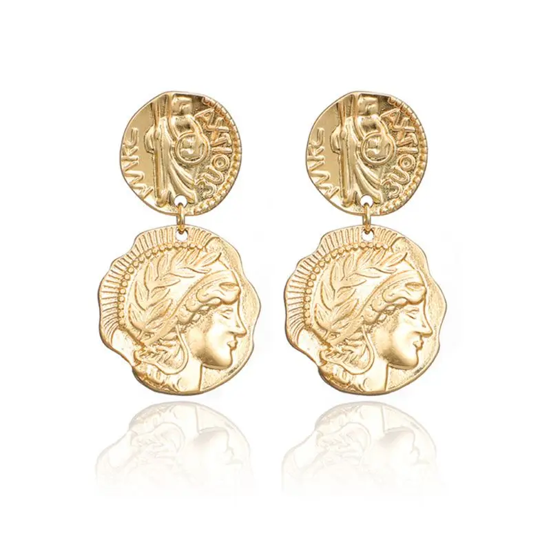 

Antique Gold Medusa Coin Portrait Baroque Drop Earrings Women Fashion Jewelry CORD