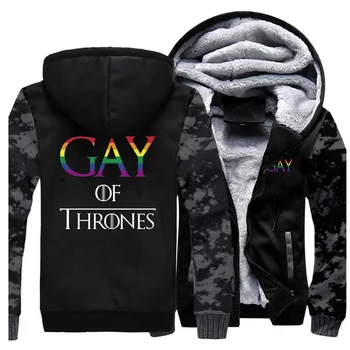 

gay pride double-sided print hooded hoodies Men raglan fashion gay of thrones plus velvet thicken jacket 2020 winter zipper coat