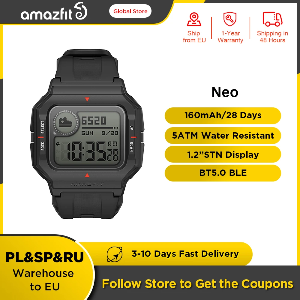 Original Amazfit Neo Smartwatch 5ATM Rugged Smart Watch For Men Outdoor Sports Monitor for Android iOS Phone | Электроника
