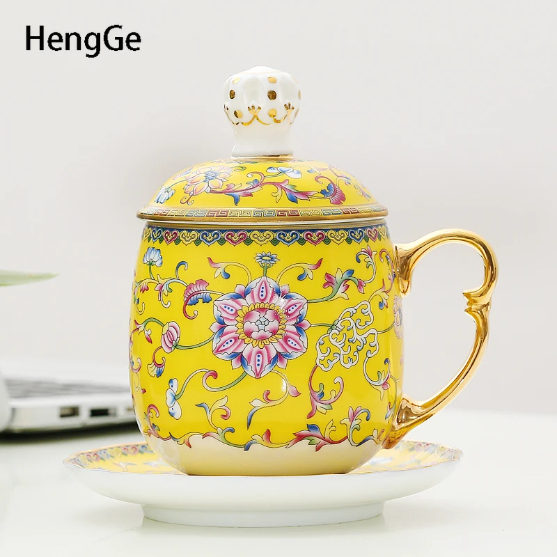 

Enameled Silver Ceramic Mugs Home Coffee Mug with Lid Cups Golden Stroke Handle Living Room Coffee Table Desktop Drinkware