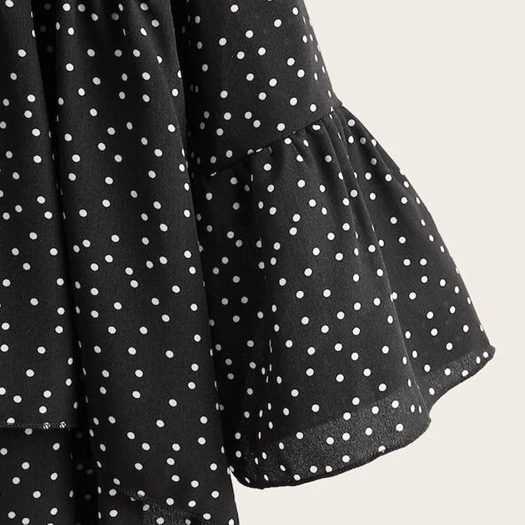 Womail, узор в горошек, женская блуза с рукавами в виде бабочки, свободные топы с v-образным вырезом, рубашка с баской, топы, модная женская рубашка с длинным рукавом и оборками