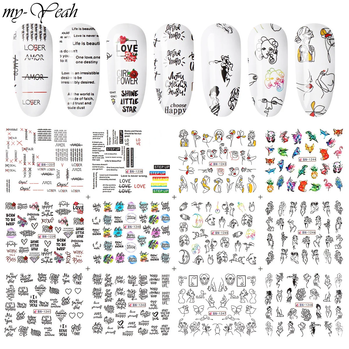 

12 Styles Nail Art Water Transfer Sticker Animal Human Face English Abstract Image DIY Transfer Slider For Manicure Decor