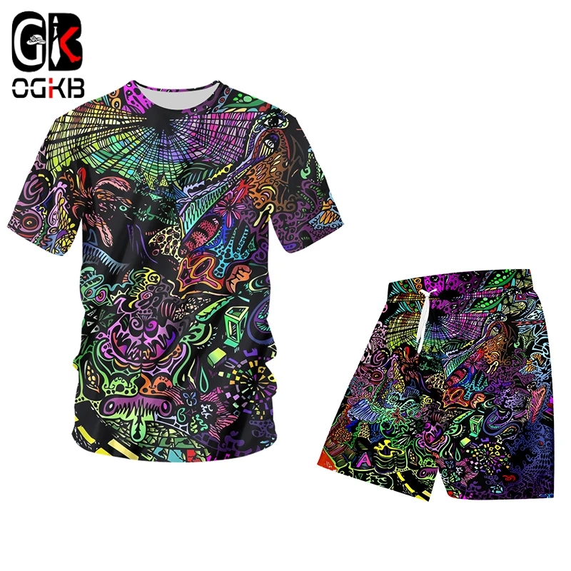 OGKB Oversize Men Sets Casual Summer 2 Pieces Suits Graffiti 3D Print Harajuku T Shirts And Shorts Pants Tracksuit Dropshipping