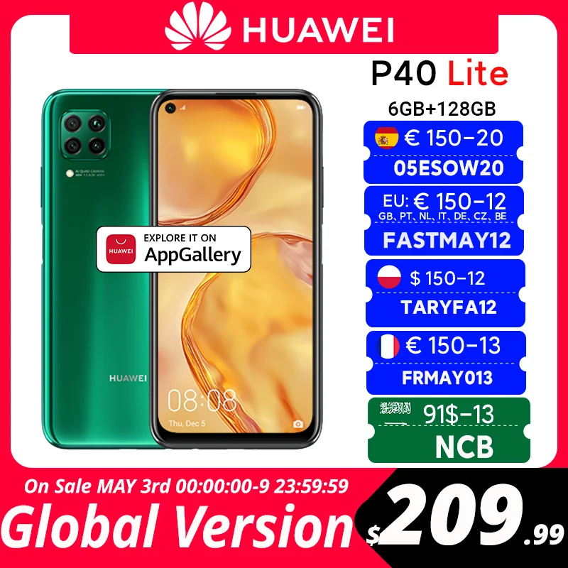 CODE:05ESOW14 100€-14 off   Huawei-teléfono inteligente P40 lite versión Global, 6GB y 128GB, cámaras ia de 48MP, cámara frontal de 16MP, pantalla de 6,4 pulgadas, Kirin 810
