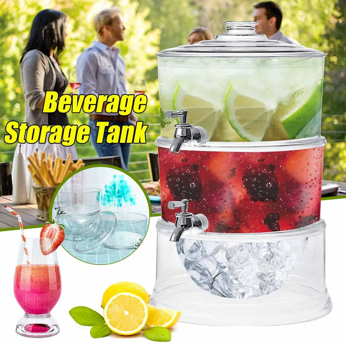 

2 Layers Cold Drink Juice Dispenser Lemonade Beverage Cooler Holder With 2 Taps Container Drinkware Home Party Bar Tools Barware