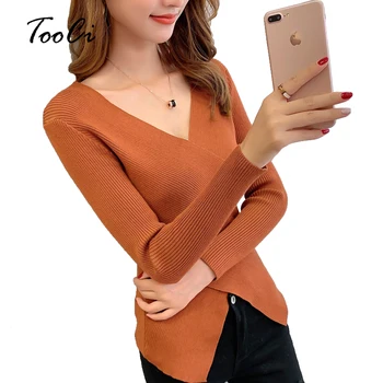 

Spring and Autumn New Solid color Slim Irregular Cross Sweater Female V-neck Long Sleeve Pullover Bottoming Knitted sweaters