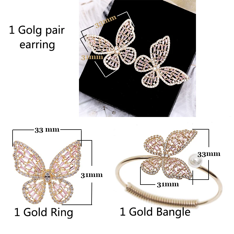 Gold Set Креативный дизайн розовый кубический цирконий бабочка серьги-гвоздики элегантный корейский стиль милые серьги для женщин - Окраска металла: Gold Set