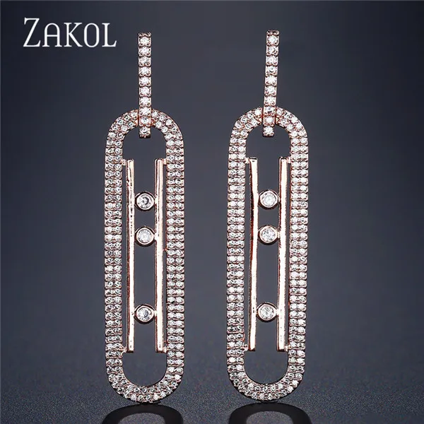 ZAKOL модные роскошные круглые висячие серьги с кубическим цирконием, длинные висячие серьги для элегантных женщин, свадебные ювелирные изделия FSEP2140 - Окраска металла: Rose Gold Color