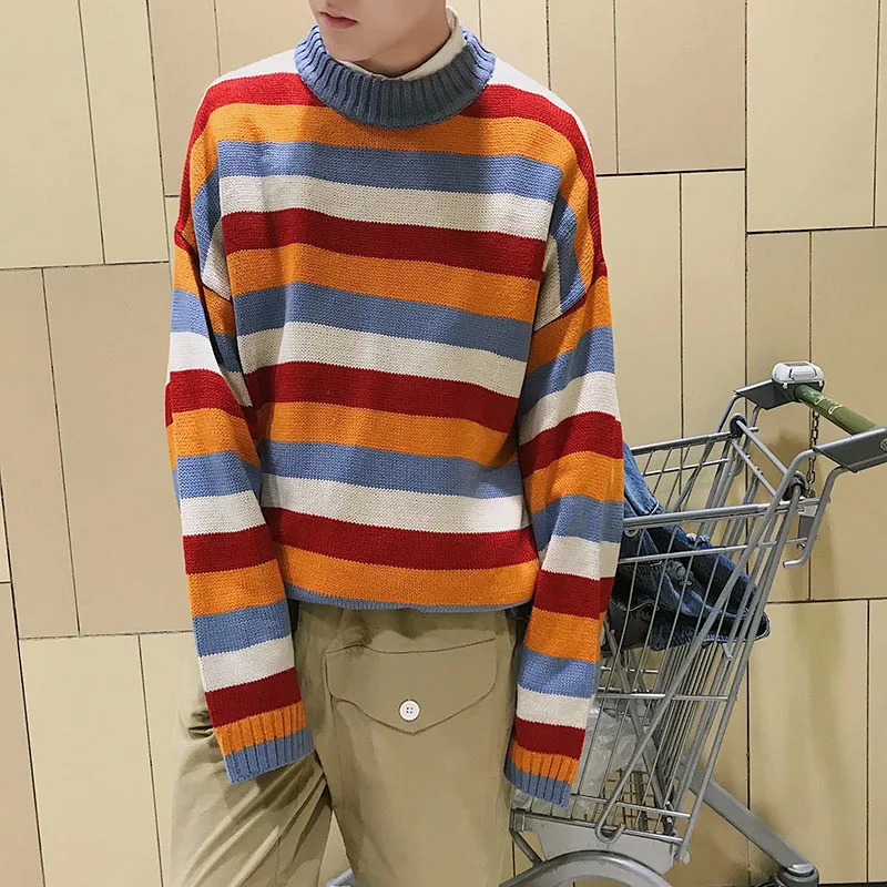Новая мода, вязаный мужской свитер с круглым вырезом, цветной Радужный полосатый свитер Harajuku, Ретро стиль, пара, Повседневная Уличная одежда
