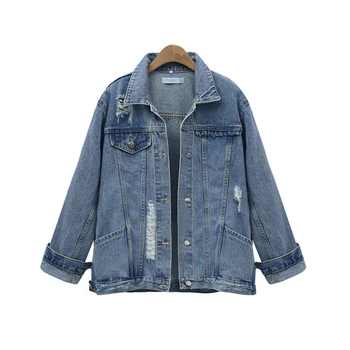 

Yocalor 2019 Fashion Women Jeans Jackets Ripped Hole Loose Long Sleeve Pockets Turn-down Collar Denim Plus Size 4XL Hot Sell