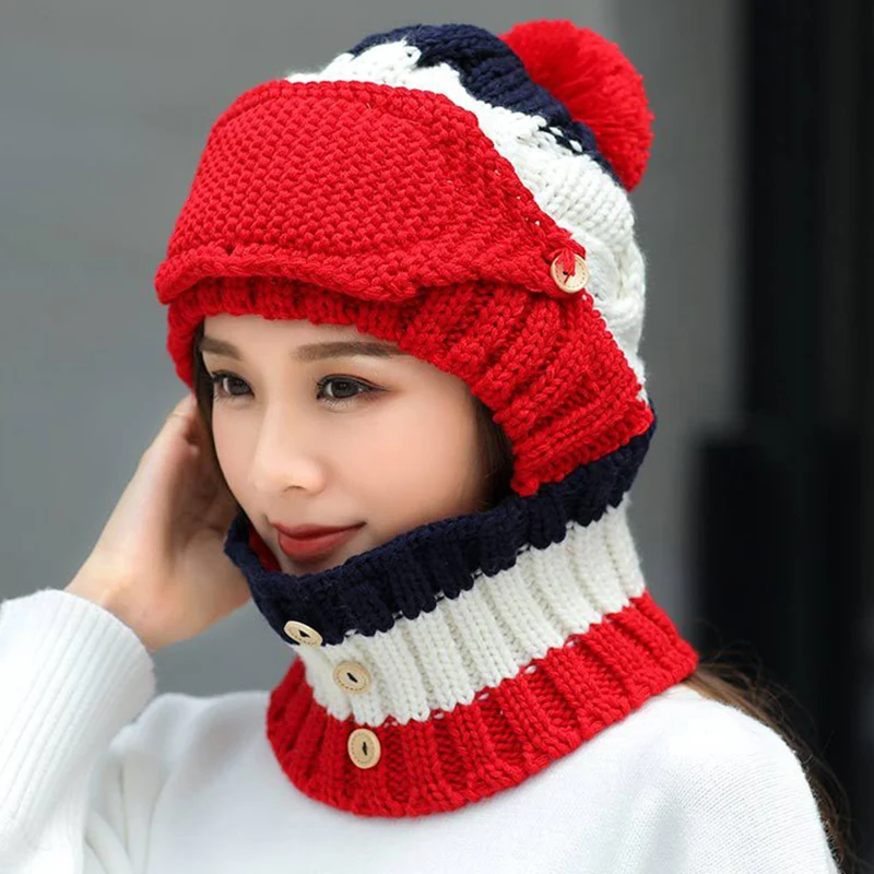Шляпа в стиле пэтчворк шарф костюм для женщин зимняя Дамская вязаная шапка ушанка утолщенная подкладка ветрозащитная теплая шапка и