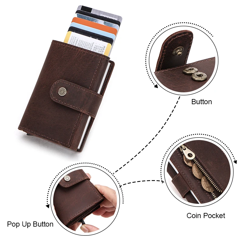 CONTACT'S Crazy Horse Leather Card Holder Wallet Men Automatic Pop Up ID Card Case Male Coin Purse Aluminium Box RFID Blocking leather wallet wallet card holder card holder coin purse credit card holder card wallet coin purse wallet id card case