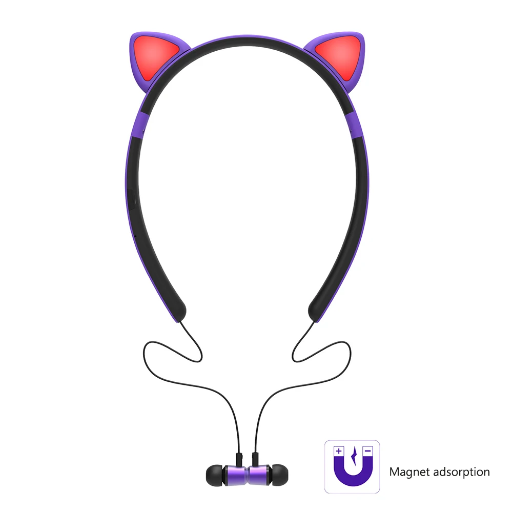 Girls Universal Wireless Headphones Portable With Mic Magnetic Absorption Luminous Cat Ear HiFi Stereo Gift Cute Bluetooth 5 0