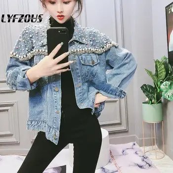 

Tassel Denim Jacket Women 2020 New Heavy Pearls Beading Jeans Coats And Jackets Tide Short Loose Jacket Streetwear Spring Autmn