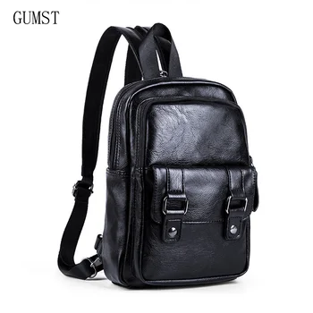 

GUMST Multi-function Leather Backpack for School Bag Black Leather Men Backpacks Travel Chest Shoulder Backpack Bags Male