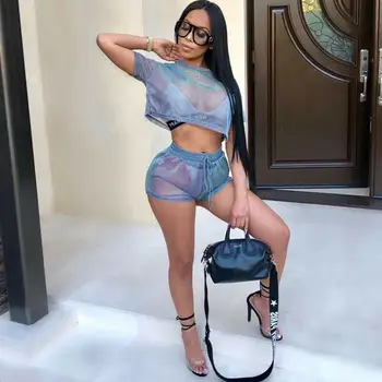 

Plus Size Sexy Women 2 Piece Set Hollow Mesh Sheer Short Sleeve Crop Top Shorts Set 5 Colors See Through 2019 Korean Women New