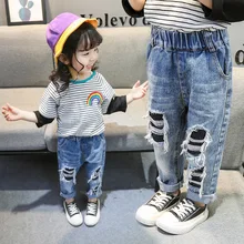 Детские осенние джинсы, новые стильные детские штаны, ковбойские брюки с дырками, повседневные штаны для малышей