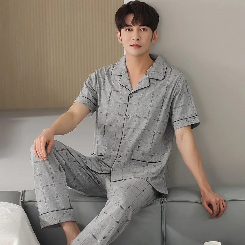 Men's Plaid 100% Cotton Pyjamas Homme 2 Pieces Lounge Sleepwear Pijama  Summer Bedgown Home Clothes Man PJs M-4XL Pajamas Set - AliExpress