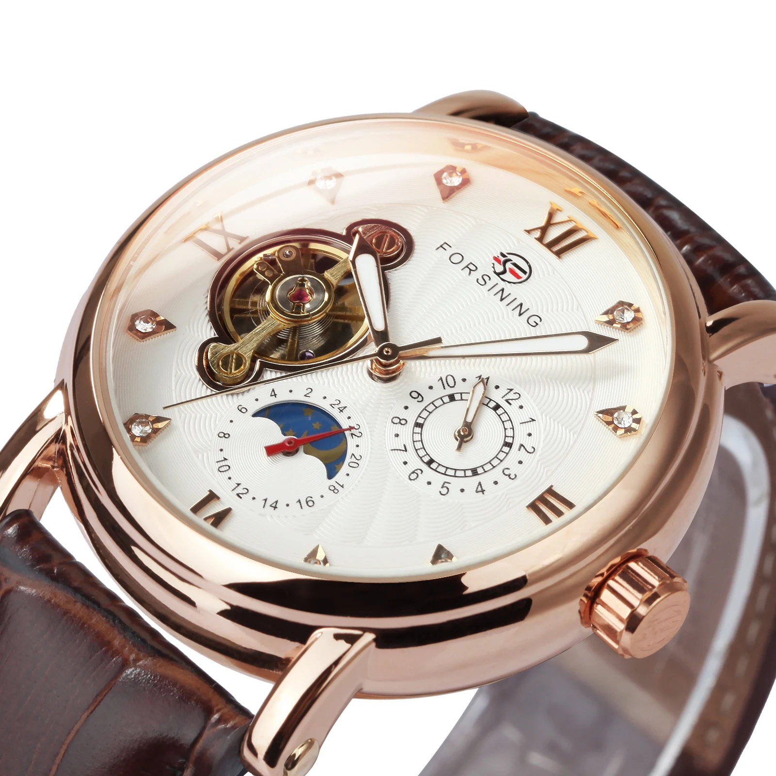 Forsining Tourbillion Retro Men Watch Fashion Diamond Automatic Mechanical Wristwatches Moon Phase Sub-Dial Luxury Leather Strap | Наручные