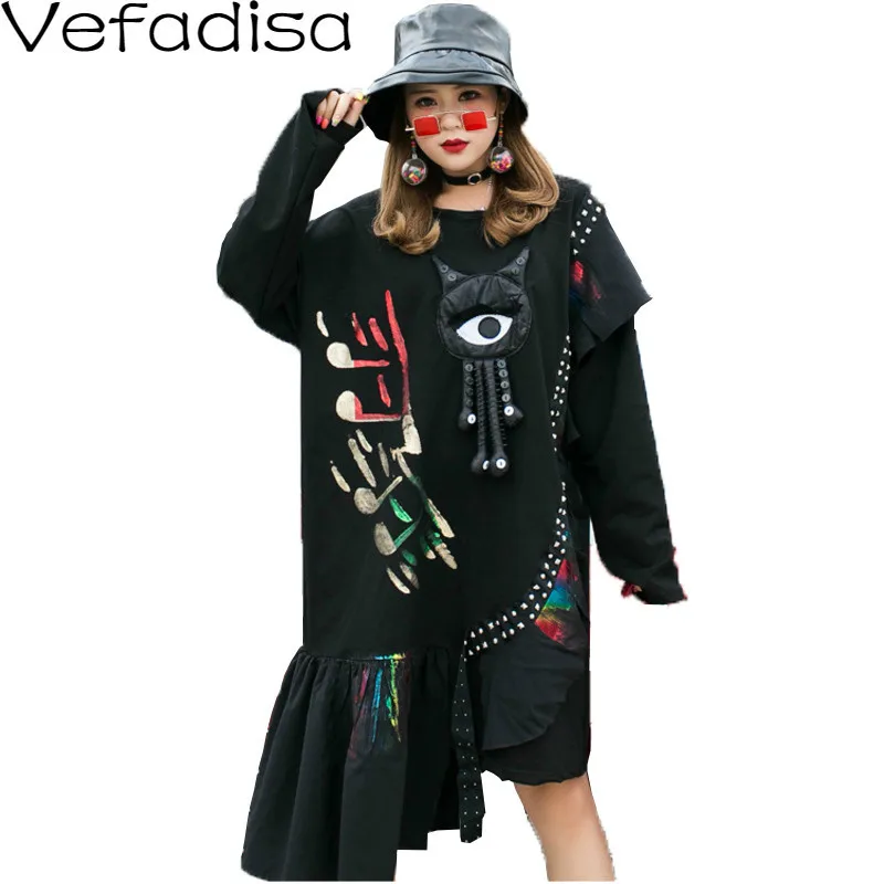 

Vefadisa Autumn Cartoon Pullover Dress O-Neck Long Sleeve Irregular Dress Ruffles Streetwear Loose Dress Black 2019 QYF475